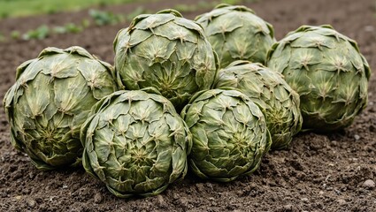 Obraz premium Freshly harvested artichokes with textured leaves resting on nutrient rich soil evoking farm to table freshness and culinary delight