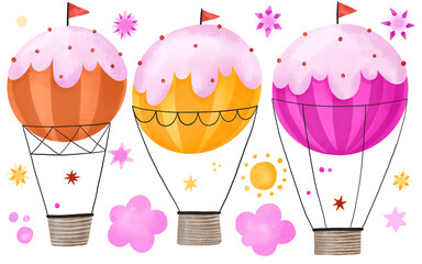 Set of hot air balloon, sky transport, aircraft. Hand drawm sky clipart with stars and  clouds. Up in the air hand drawn watercolor illustration