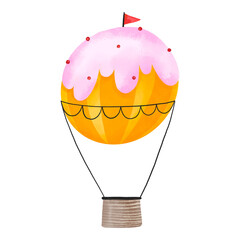 Yellow Hot air balloon. Air aircraft transport. Adventure and traveling. Hand drawn watercolor illustration on isolated bcakground