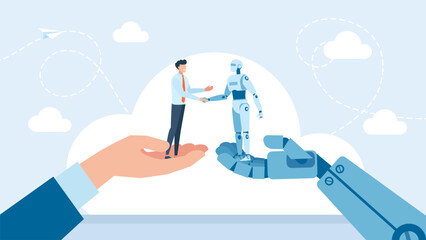Artificial Intelligence Robot and Business Man Character Shaking Hands. Businessman shaking hands with robot, AI, Collaboration of personnel with artificial intelligence. Vector Illustration