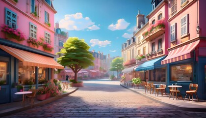 French café street, bright colors, soft lighting, no people. Anime illustration.