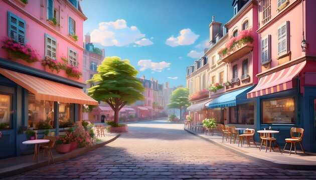French caf&eacute; street, bright colors, soft lighting, no people. Anime illustration.