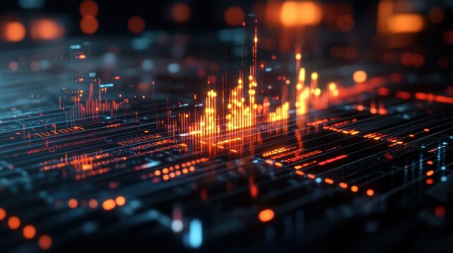 Abstract digital circuit board with glowing data streams
