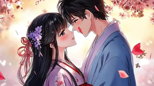 Anime couple in traditional Japanese clothing sharing an intimate moment under blooming cherry blossoms, surrounded by soft petals and warm light.