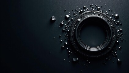 Dark abstract background with small rings in black and gray shades,  black, abstract