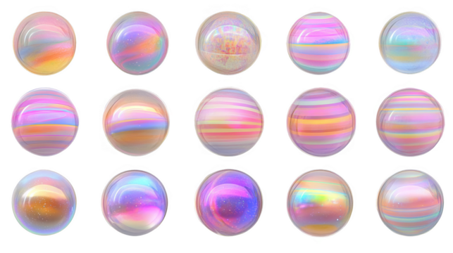 3D Render Abstract Spheres with Holographic Glitch and Transparent Background