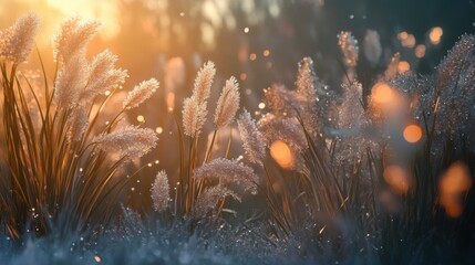 Fototapeta premium Frost on grass close-up. Generative AI