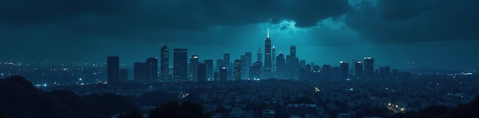 Fototapeta premium Dark and ominous cityscape with the night sky featuring silhouetted skyscrapers, cityscape, landscape