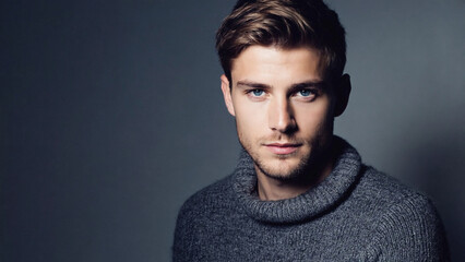 Obraz premium A person looking directly into the lens, wearing a gray sweater