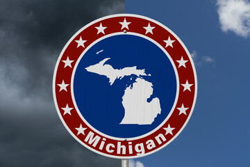 Michigan map with stars on a US red, white and blue road sign