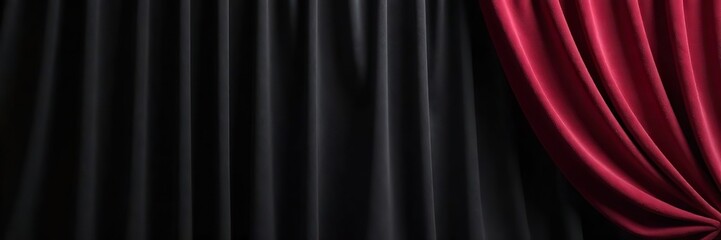 Fototapeta premium Elegant black velvet curtain with deep burgundy fold lines on abstract silk background, ruby, romance