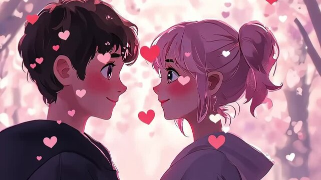 Cute anime-style couple gazing into each other&rsquo;s eyes with floating hearts and soft pink background, lofi style animation