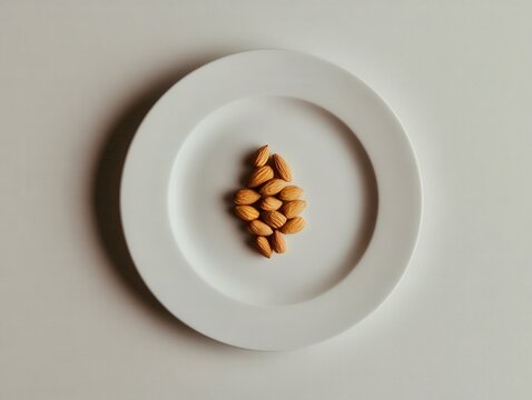 Clean white plate with a neat triangle of almonds, symmetry and minimalism theme