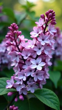 Densely blooming Lilac Syringa vulgaris bush in purple and white, perfect for springtime landscapes,  Yankee Doodle,  isolated