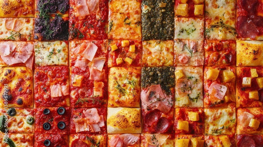 Poster Vibrant overhead view of colorful pizzas arranged in a chessboard pattern showcasing diverse toppings and sauces
