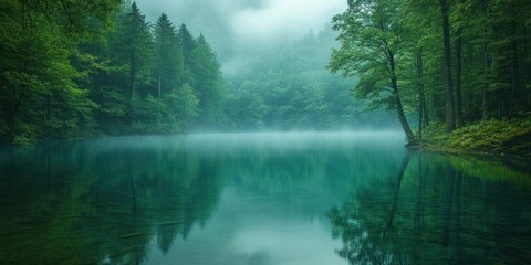 Misty Lake in a Lush Forest