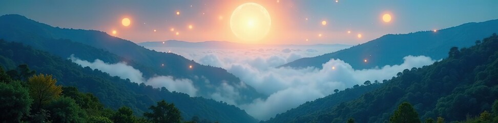 Fototapeta premium Ethereal landscape with glowing orbs above misty valley, glowing, mystical