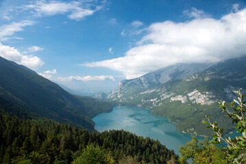 Aerial View of Lake Molveno – Alpine Lake Surrounded by Forest and Mountains in Trentino, Italy