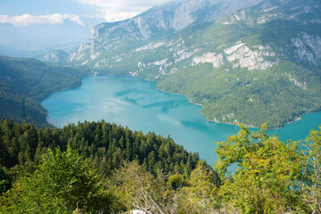 Aerial View of Lake Molveno – Alpine Lake Surrounded by Forest and Mountains in Trentino, Italy