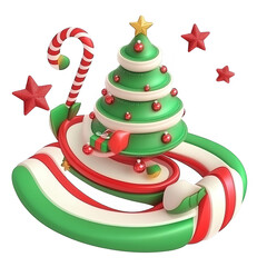 3d Christmas Tree Illustration With Red Stars And Gifts On Transparent Background