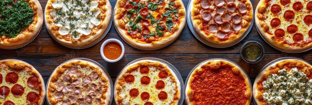 Poster Colorful arrangement of pizzas with various toppings creating a vibrant chessboard pattern on a wooden table
