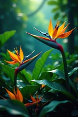 Exotic flowers in vibrant hues rise above lush jungle foliage, showcasing the beauty of tropical plant life,  jungle,  dense