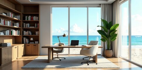 Contemporary office study with ocean bookshelf background and beach window backdrop,  office,  room