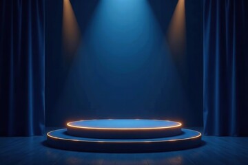 Dark blue stage with golden spotlight lines, glitter texture, 3D abstract background for award ceremony, anniversary, winner rewarding,  elegant,  award ceremony