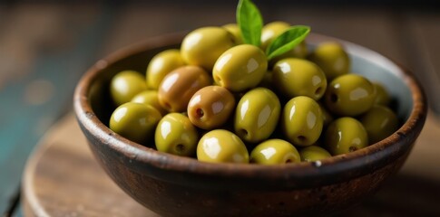 Close-up of a rustic bowl overflowing with Castelvetrano olives , appetizer, image, recipe