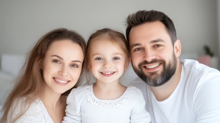 Fototapeta premium Happy family portrait. A loving mother, father, and daughter, smiling and looking directly at the camera