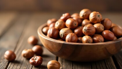 Obraz premium Rustic wooden bowl overflowing with hazelnuts , countryside, table