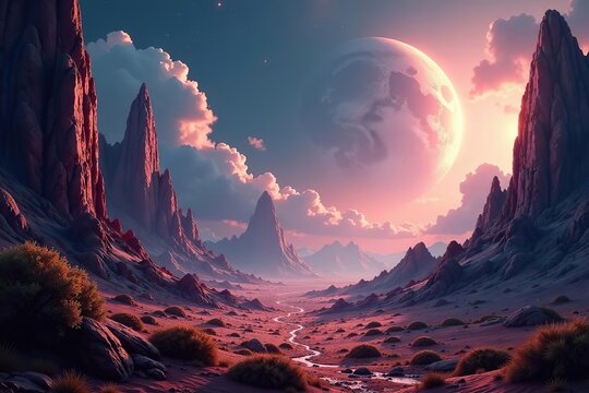 Fantastical alien world created by artificial intelligence, AI,  digital