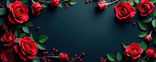 Dark floral background with red roses and decorative vines,  design, dark