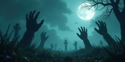 Dark, eerie Halloween background with spooky zombie hands reaching out from a misty graveyard,  haunted,  creepy
