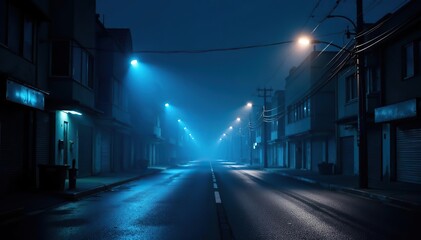 Dark empty street with neon lights and spotlights, illuminated by a dark blue background, creating a mysterious and surreal atmosphere,  spotlights,  texture