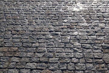 Paving stones with sunlight reflections in a puddle.