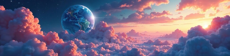 Fantastical planet with swirling clouds and vibrant, colorful landscapes resembling a mesmerizing painting,  vibrant,  landscape