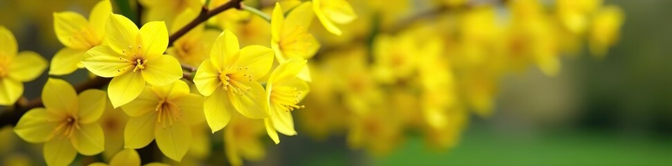 Obraz premium Forsythia bush blooming with vibrant yellow flowers in spring, blurred background for copy space, plants, selective focus