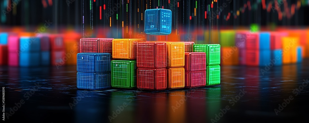 Poster colorful digital cubes with connecting lines in complex computational analysis