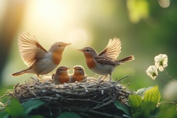 A family of birds in a nest, springtime