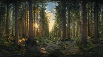 Fototapeta premium Sunlit Coniferous Forest: A Panoramic, Serene Landscape