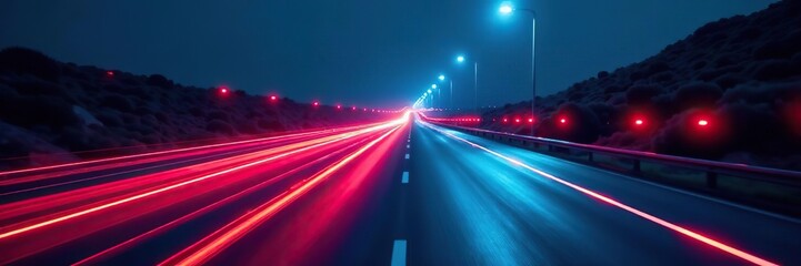 Futuristic neon light trails on road at night with glowing ascending lines, beautiful flare, red blue special effect, speed police line,  police line,  spark