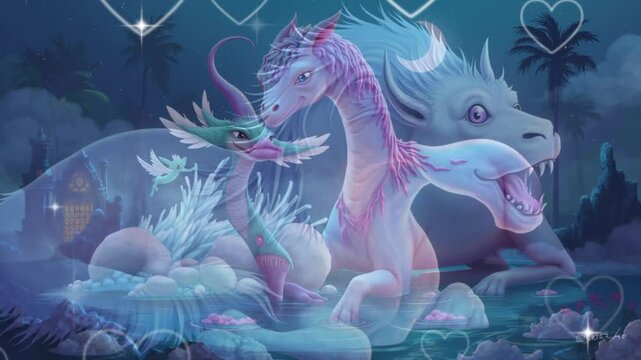 Mythical Love Story: Pegasus, Kirin, and Dragon in a Dreamy Landscape