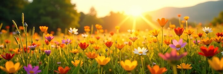 Obraz premium Field of colorful wildflowers bathed in golden sunlight on a bright, sunny day, serene, outdoor