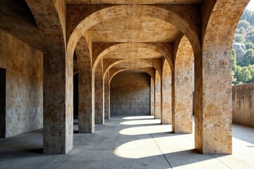Fototapeta premium Empty brown concrete interior with natural light streaming in, modern, empty
