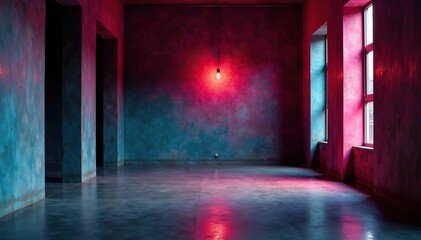 Dark, moody interior with vibrant colors, concrete walls and floors,  floor,  architecture