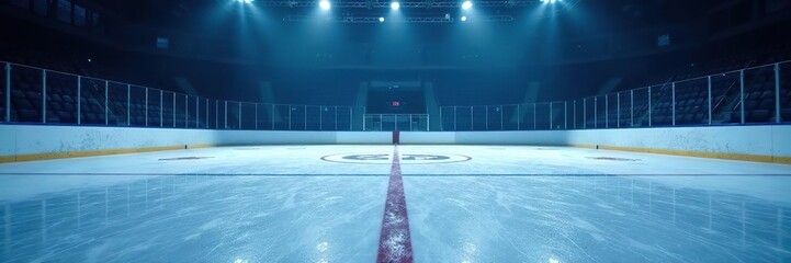 Obraz premium Empty dark ice hockey rink with visible scratches, bright lights illuminating ice surface, bright lights, empty