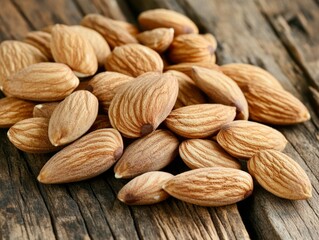 Macro close-up of raw almonds scattered on a wooden table, soft natural light, high detail, rustic kitchen style