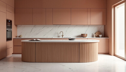 Japandi kitchen with soft clay-colored cabinets and a curved wooden island creating a warm and contemplative atmosphere, modern interior design concept