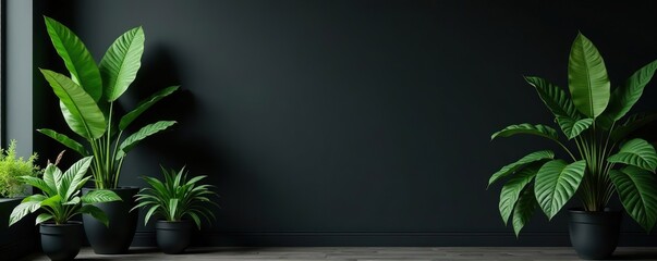 Dark room setting with various green plants and a minimalist black background wall mockup,  simple,  dark aesthetic